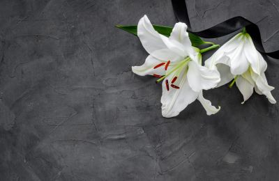 Fiore funebre di giglio su pietra scura. Biglietto di condoglianze con spazio per le copie